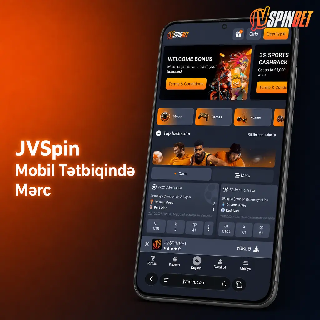 JVSpin mobil tətbiqində toxunma ekran üçün optimallaşdırılmış mərc interfeysi, canlı əmsallar və push bildirişləri