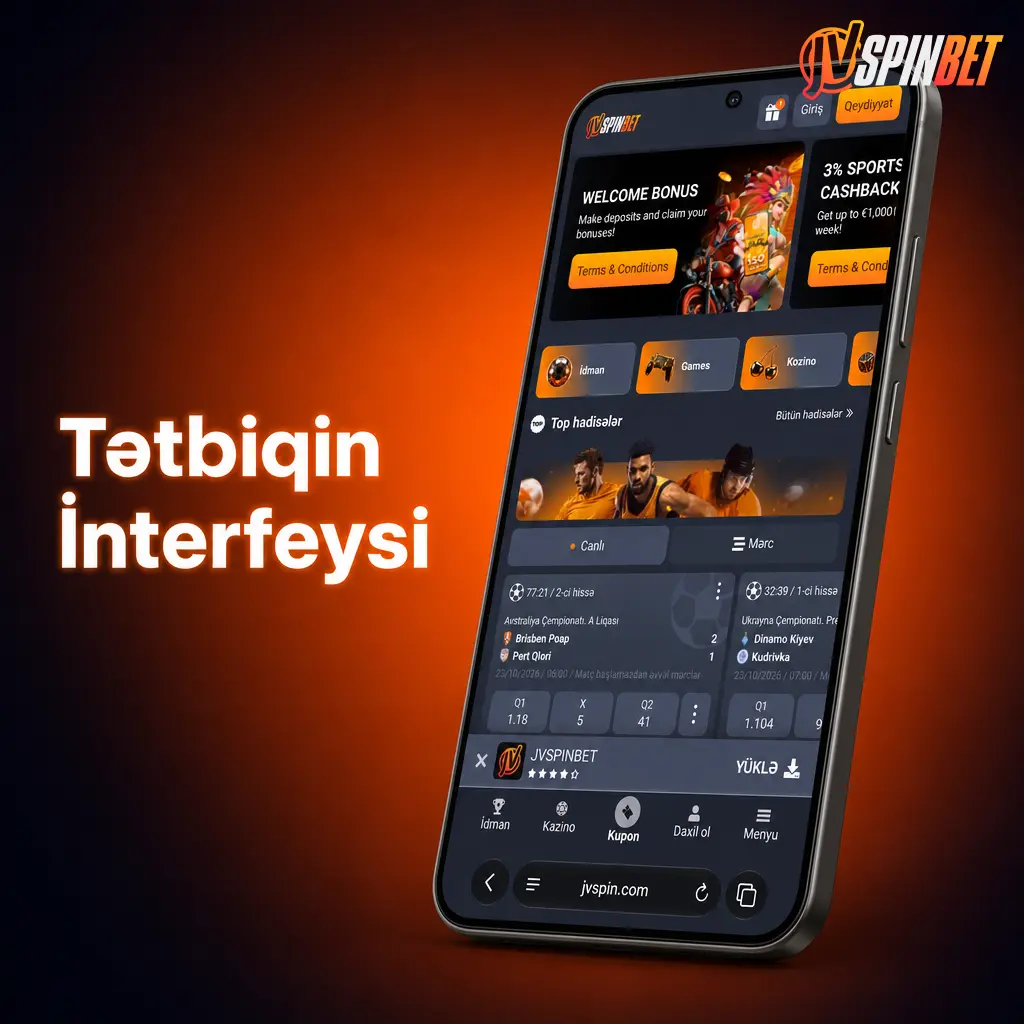 Tətbiqin əsas ekranı: slot kateqoriyaları və canlı mərc xətti bir menyuda, sürətli naviqasiya paneli ilə
