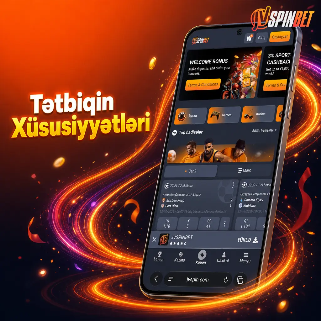 JVSpin tətbiqinin kazino, idman mərcləri və hesab idarəetməsini özündə birləşdirən interfeys ekranı